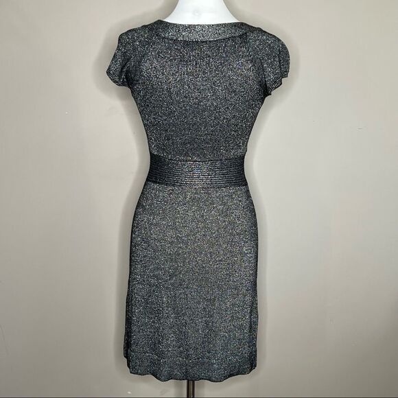 Kenar women’s Metallic Stretch Knit V-Neck A-Line Dress Black Silver Shimmer - Picture 4 of 6